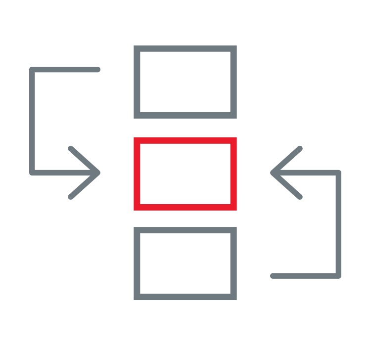 An icon of two gray boxes with arrow pointing towards a red box in between them