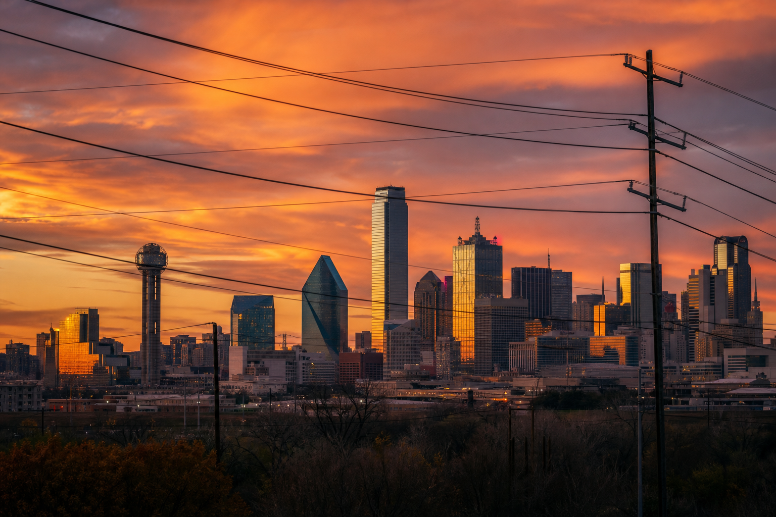 Dallas Skyline With Foreground Power Lines At Sunset