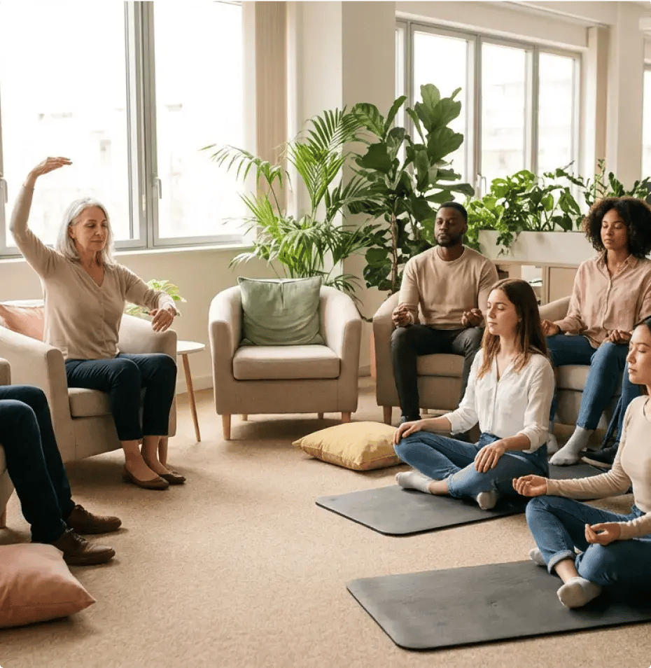 A diverse group of colleagues practicing mindfulness in a bright, plant-filled office lounge.