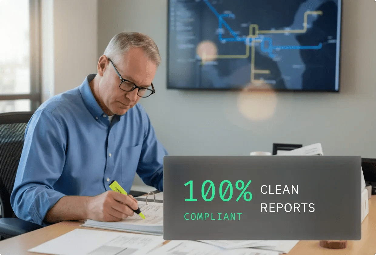 Man reviewing documents with "100% Clean Reports" sign.