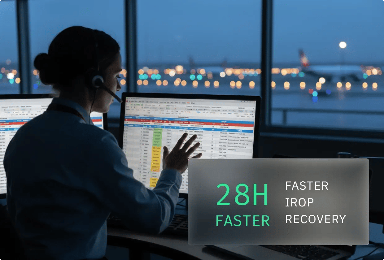 Air traffic controller working at night with "28H FASTER" sign, emphasizing faster IROP recovery.