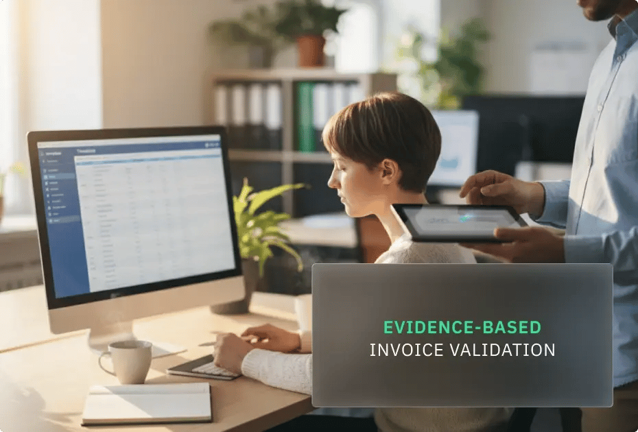 Office setting with computer screen showing invoice data; person reviewing information on tablet.