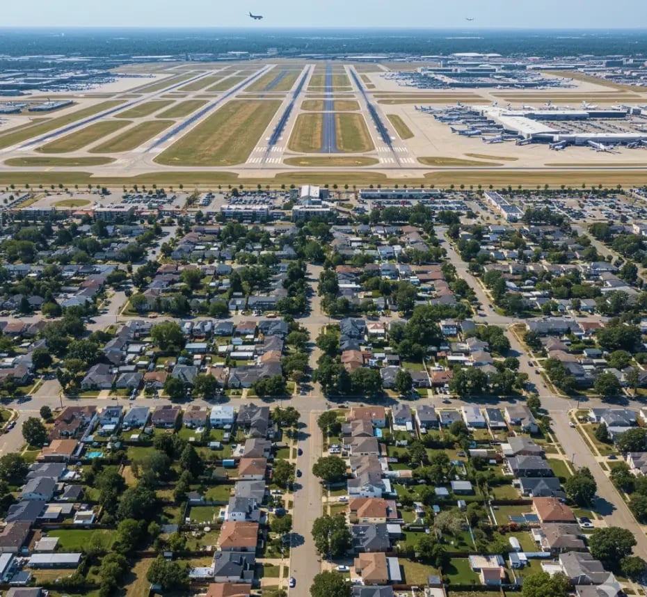 Aerial view of residential area adjacent to an airport with planes on the tarmac.