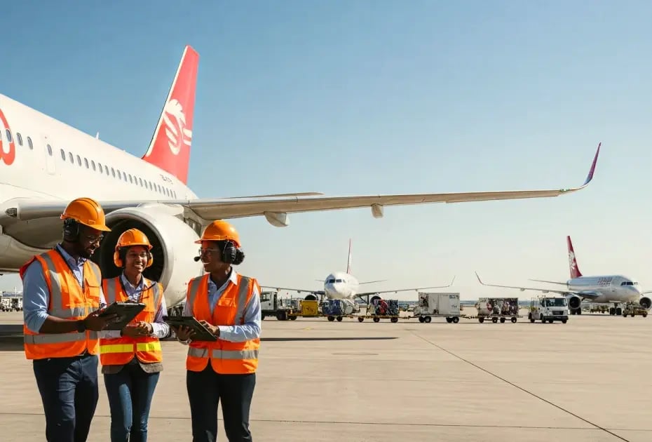 Airline ground crew in orange vests and hard hats discuss logistics near parked aircraft.