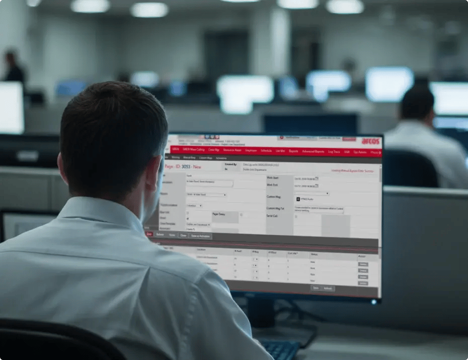 Man working at computer in office with multiple screens.