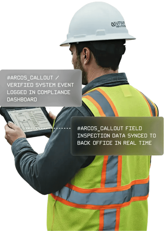 A utility worker wearing a hard hat and high-visibility vest reviews information on a tablet, with overlay callouts showing verified system events and real-time synced field inspection data.