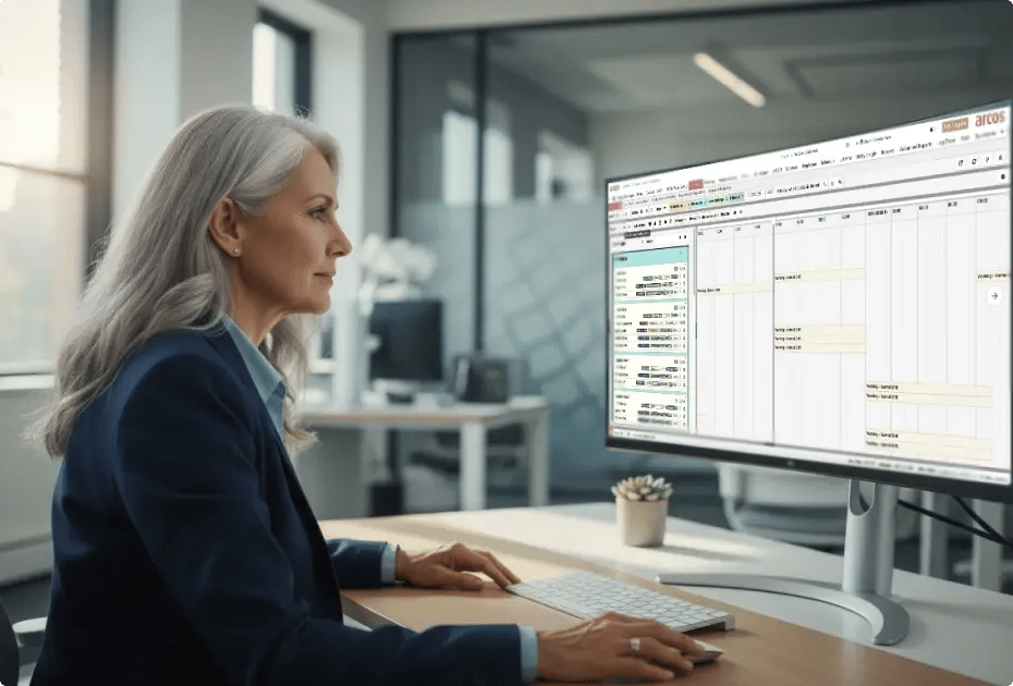 A woman with gray hair in a business suit sits at a desk