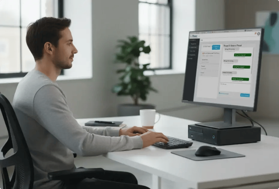 Man working at desk with computer, keyboard, mouse, and coffee cup.