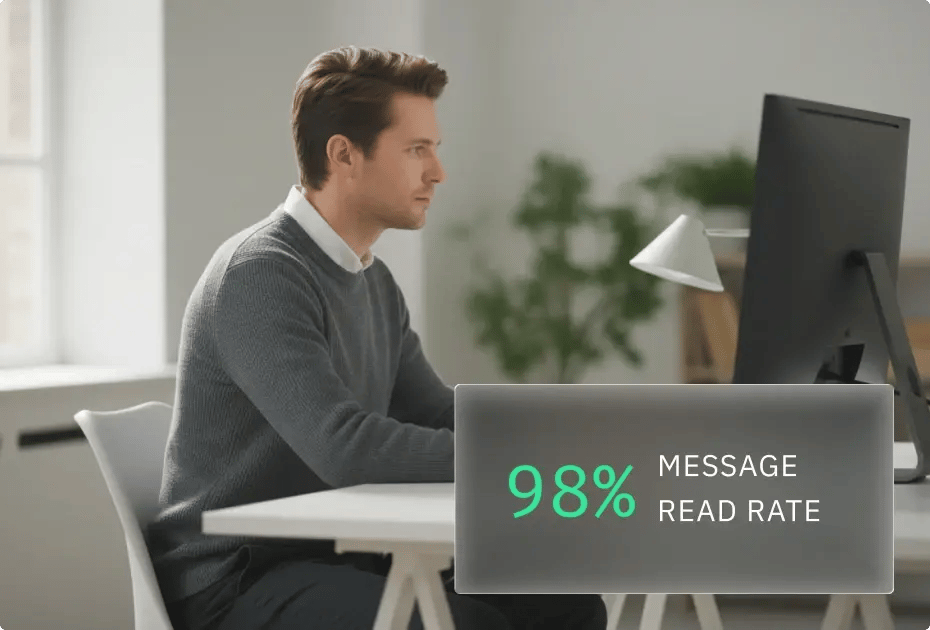 Man at desk with computer, green plant, and message read rate graphic.