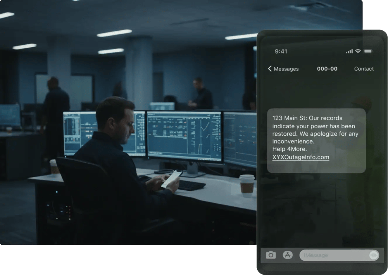 Power outage control room with operator monitoring systems; phone message about power restoration.
