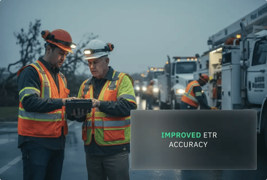 Workers in safety vests and helmets examine a tablet near utility trucks, with "Improved ETR Accuracy" displayed.