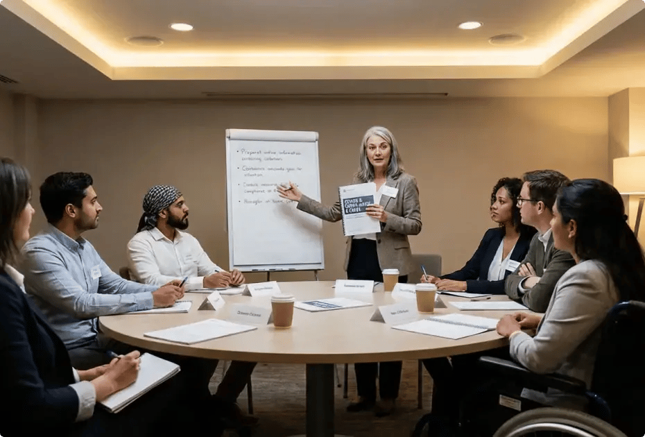 A diverse group of professionals, including one in a wheelchair, seated around a round conference table with notebooks, laptops, and coffee cups.