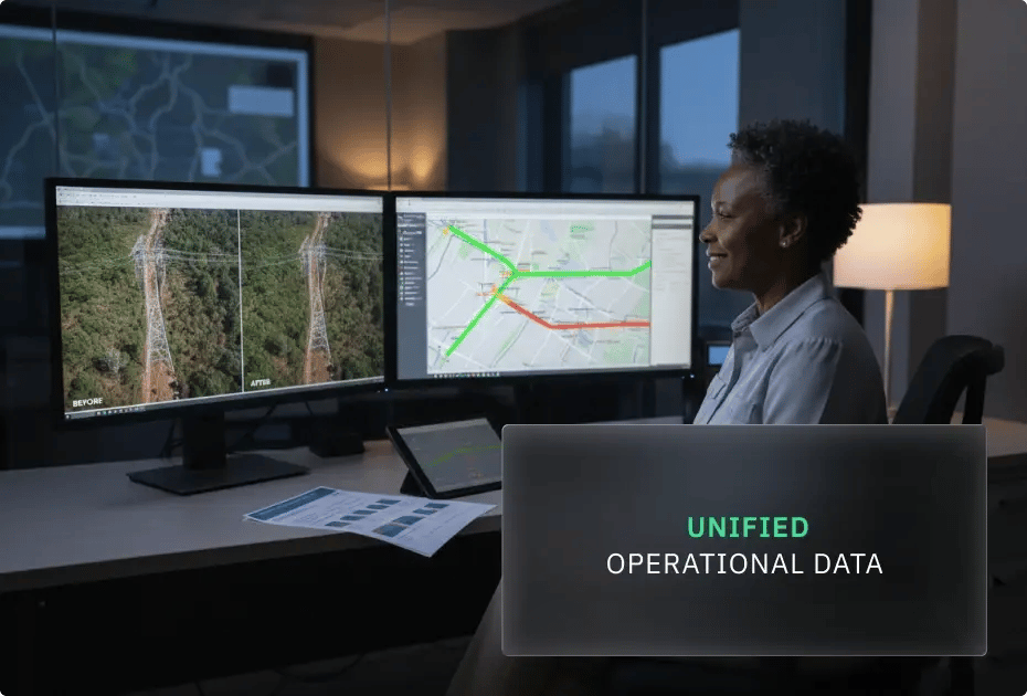 A professional monitors power lines and traffic data on dual screens, with "UNIFIED OPERATIONAL DATA" overlay.