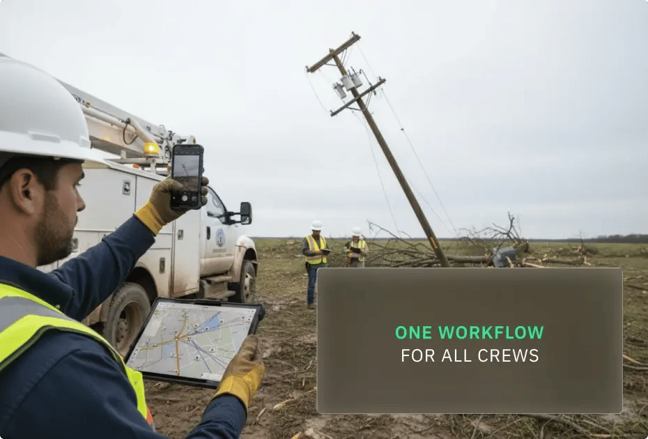 Utility workers assessing damage with technology; fallen power line and truck in background.