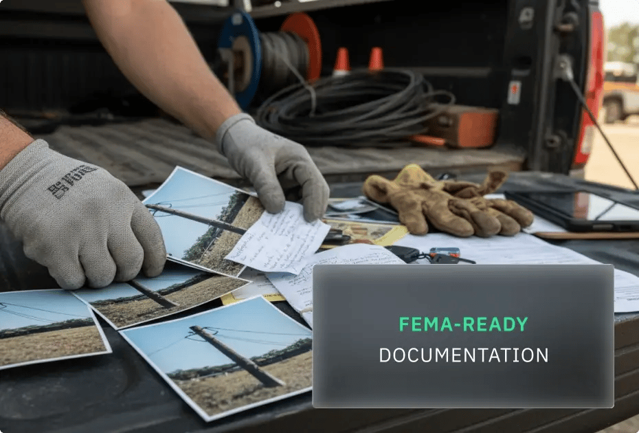 Person organizing FEMA-ready documentation with photos of utility poles.