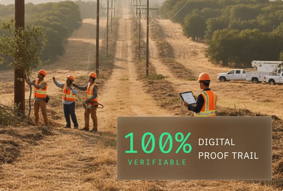 Workers in safety gear inspecting utility poles with digital proof trail verification.