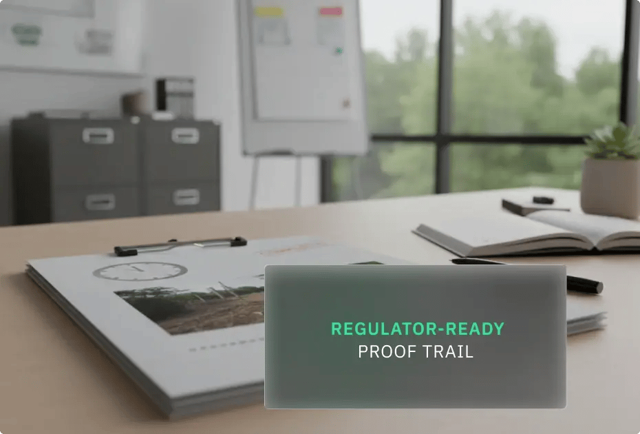 Office desk with documents, clipboard, pen, notebook, and plant