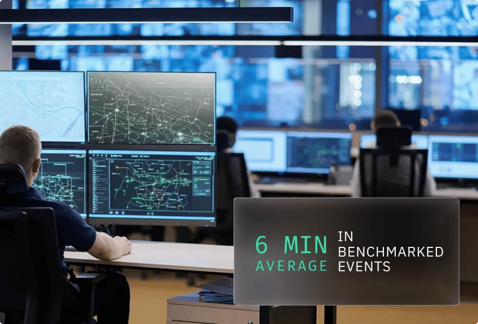 An analyst reviews data on dual monitors, comparing aerial images and traffic maps with an average event time displayed.