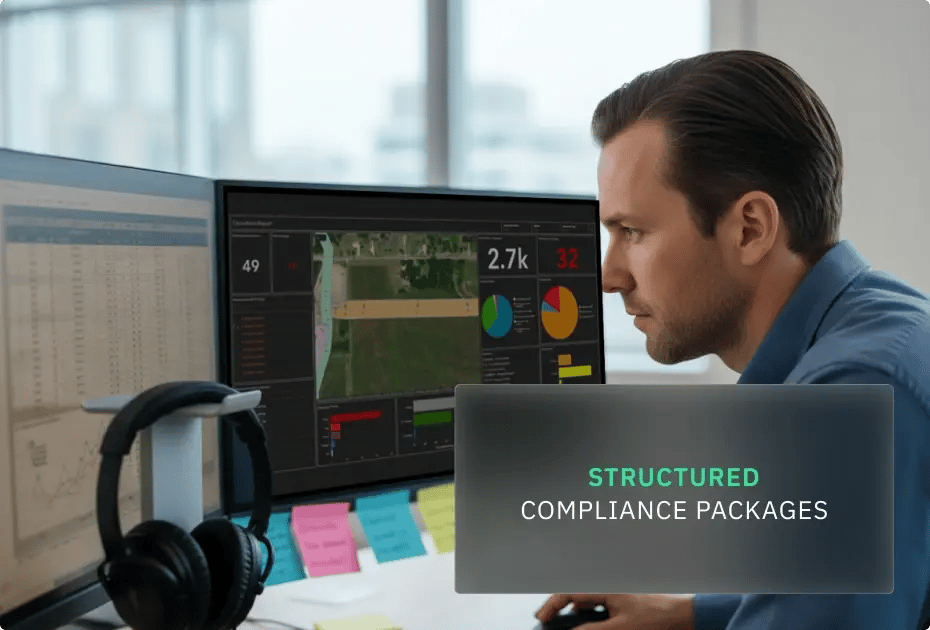 Man is working at desks reviewing data