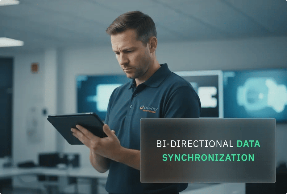 A professional in a blue shirt uses a tablet in a modern office, with screens displaying data synchronization concepts.