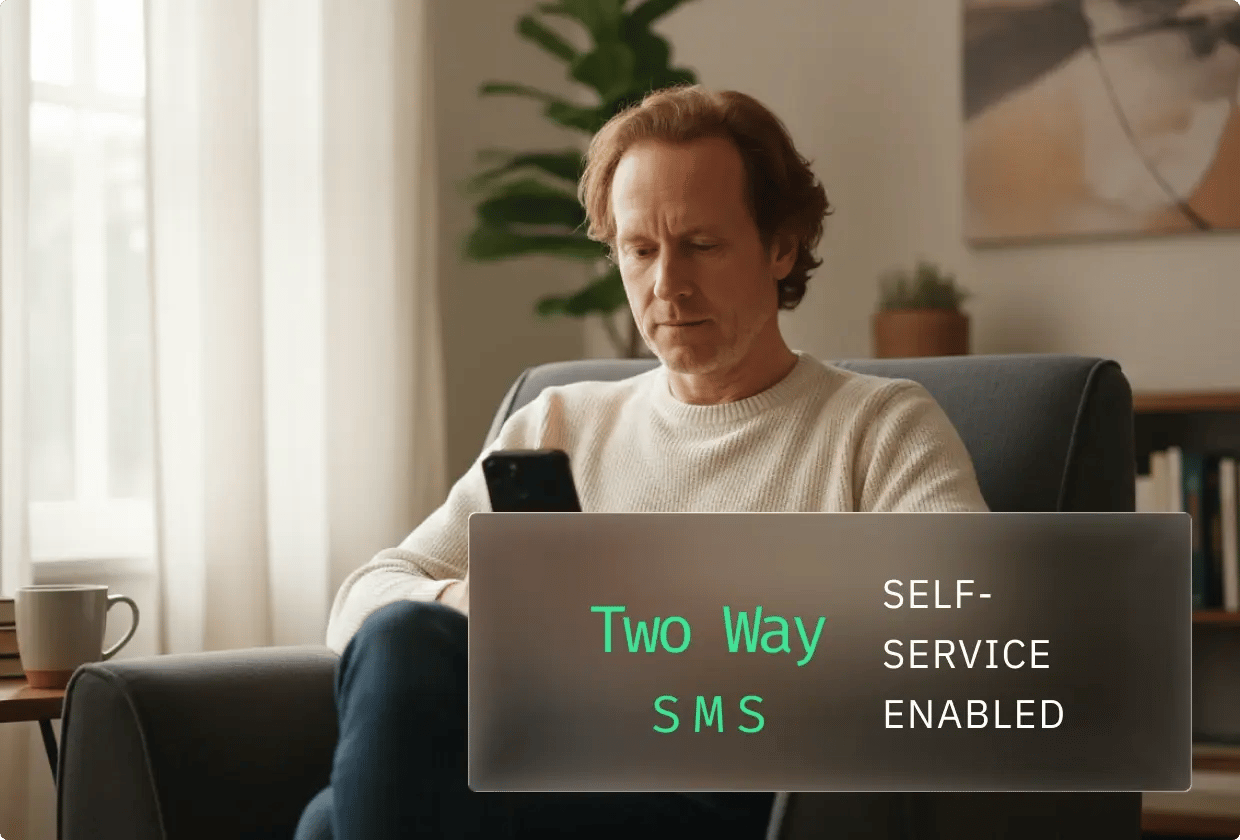 Man using smartphone with "Two Way SMS" overlay.
