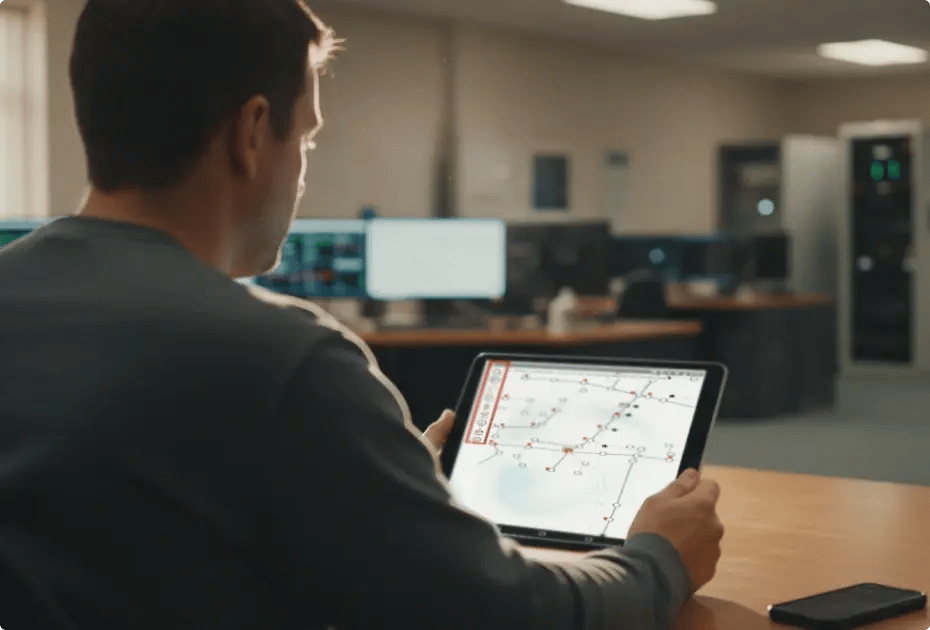Man analyzing data on tablet with network diagram, office setting.