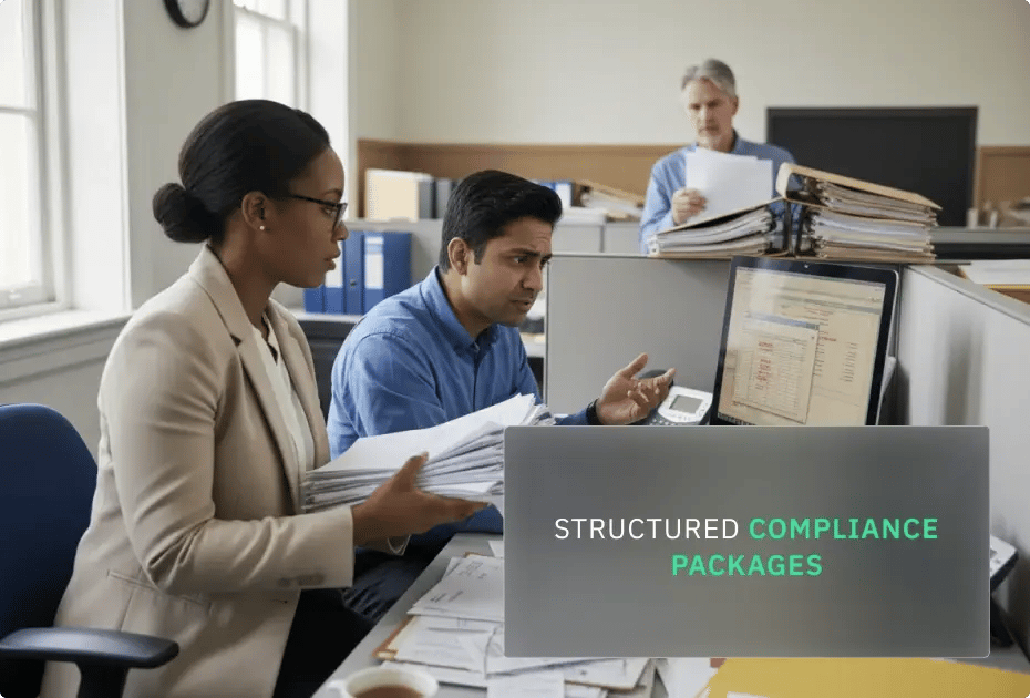 Office workers discussing compliance packages with documents and computer screens.