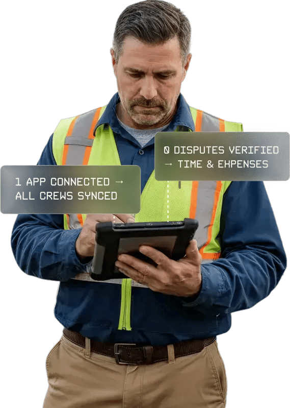 A utility worker wearing a safety vest uses a rugged tablet, with overlay callouts showing all crews synced in one app and verified time-and-expense disputes.