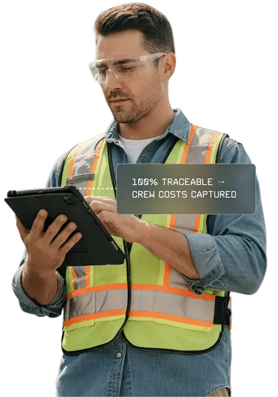 A utility worker wearing safety glasses and a reflective vest uses a tablet, with an overlay callout highlighting 100% traceable crew cost capture.