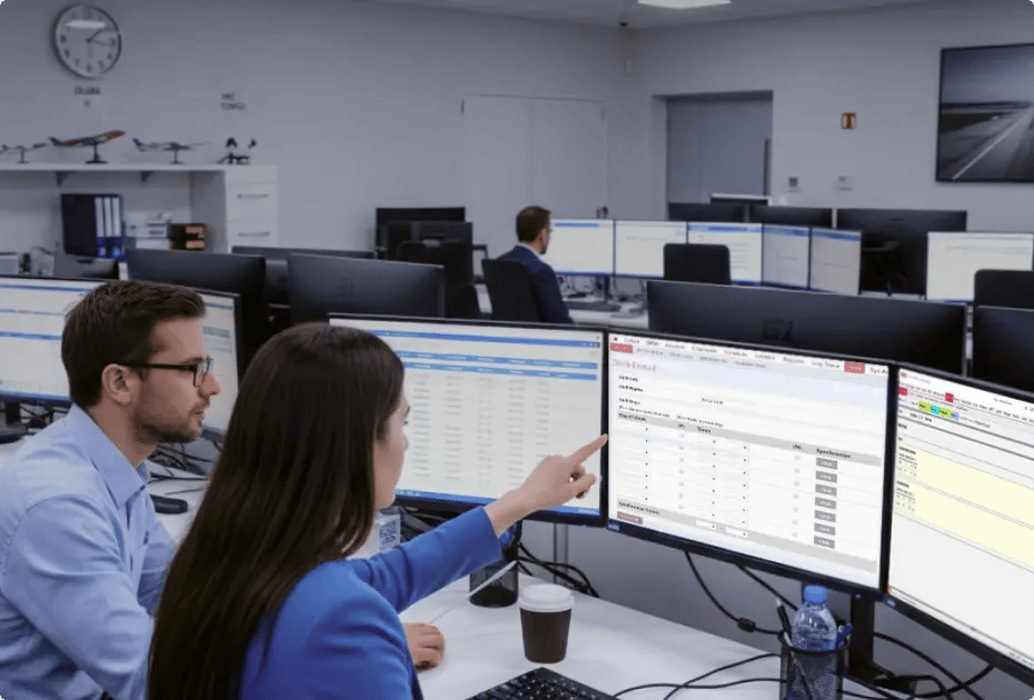 Two professionals collaborate at a control room desk with multiple monitors displaying data.