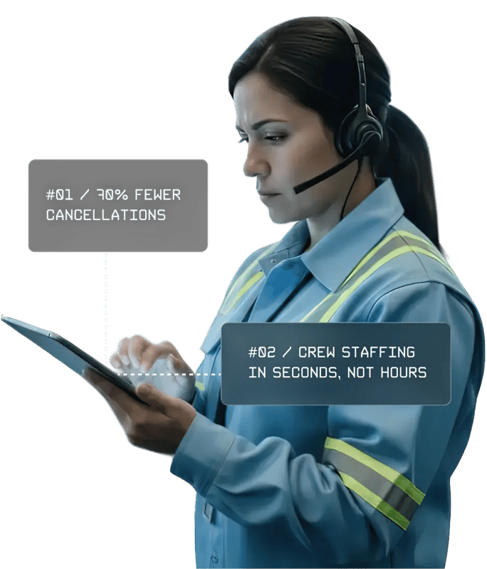 A dispatcher wearing a headset reviews information on a tablet, with overlay callouts showing reduced cancellations and faster crew staffing.