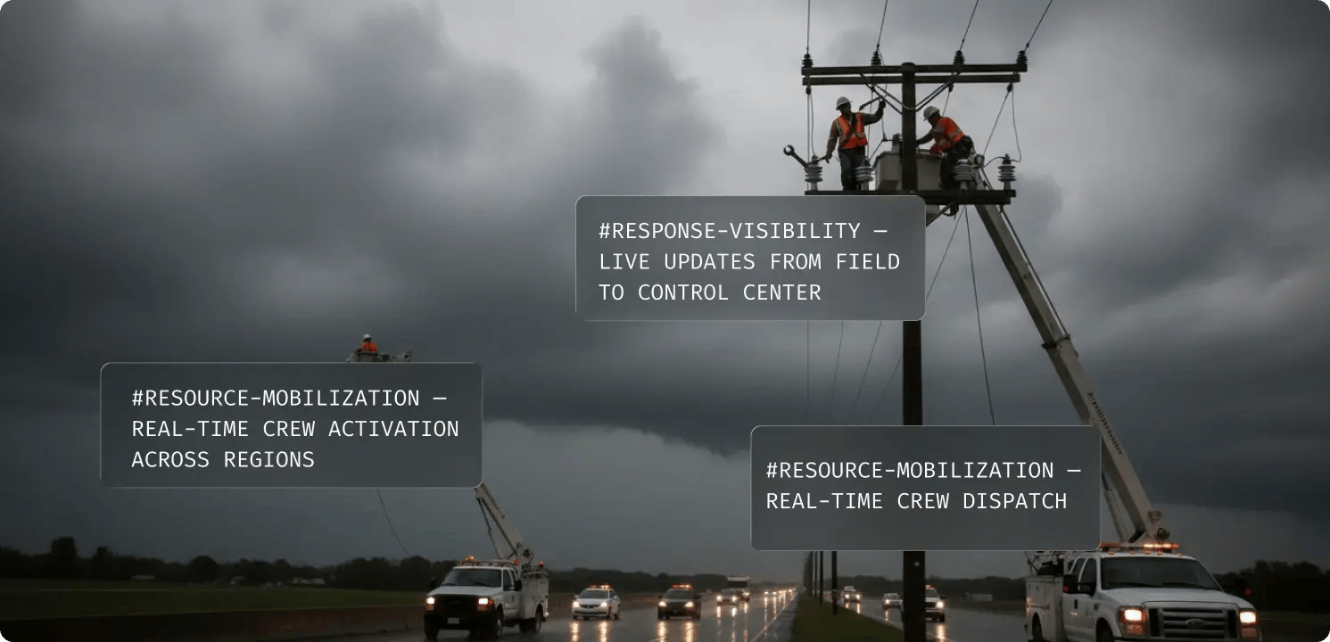 Utility workers repair power lines during stormy weather, with resource mobilization and response visibility emphasized.
