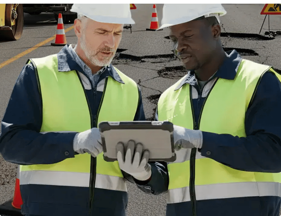 two workers reviewing callouts on ipad