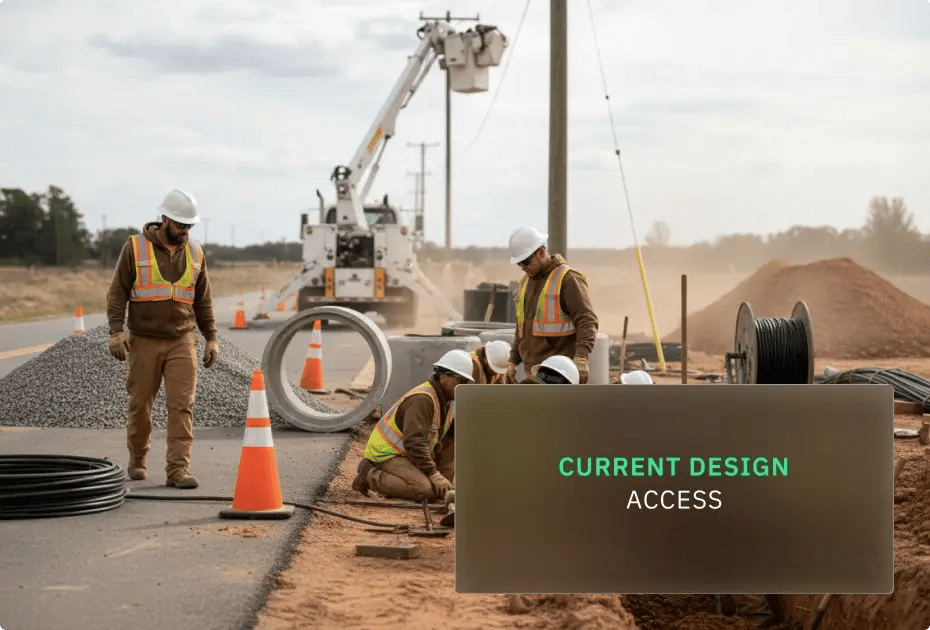 Utility construction site with workers in PPE, reflective vests, and hard hats. A bucket truck and orange cones are visible in the background.