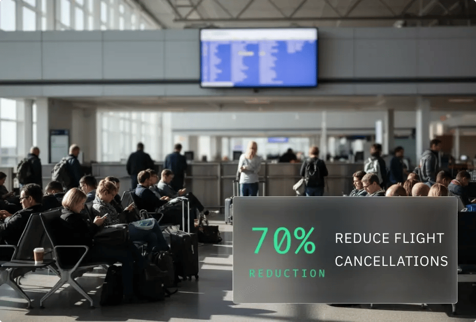 Airport terminal with passengers waiting; sign indicates 70% reduction in flight cancellations.