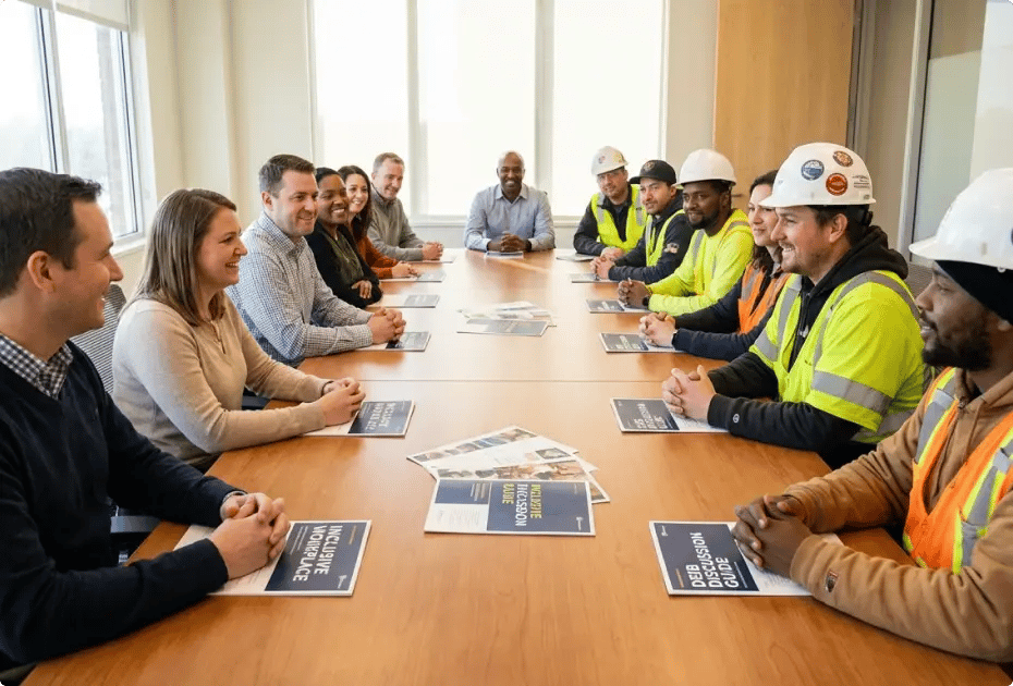 A diverse group of office workers in business casual attire meets with field crew in high-visibility yellow jackets and white hard hats around a long conference table.