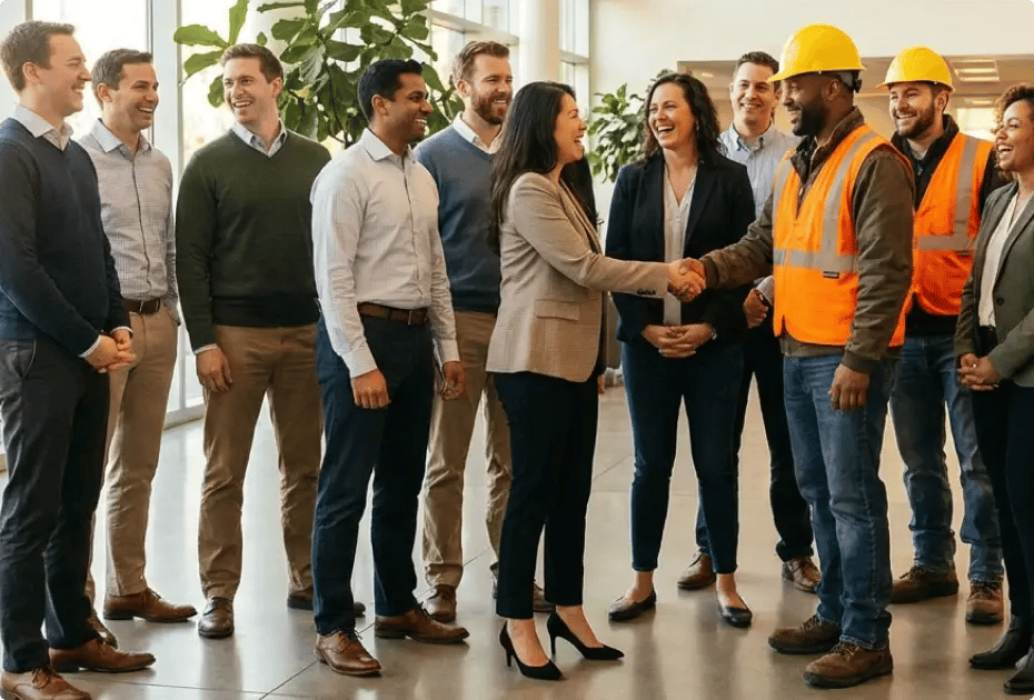 A diverse group of smiling office workers in business attire shakes hands with two field workers wearing orange high-visibility vests, yellow hard hats, and work boots, in a bright modern office lobby with large windows and plants.