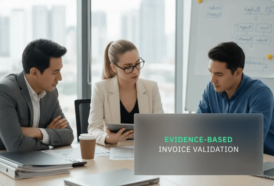 Business professionals collaborating around a table with laptops and documents; focus on invoice validation process.