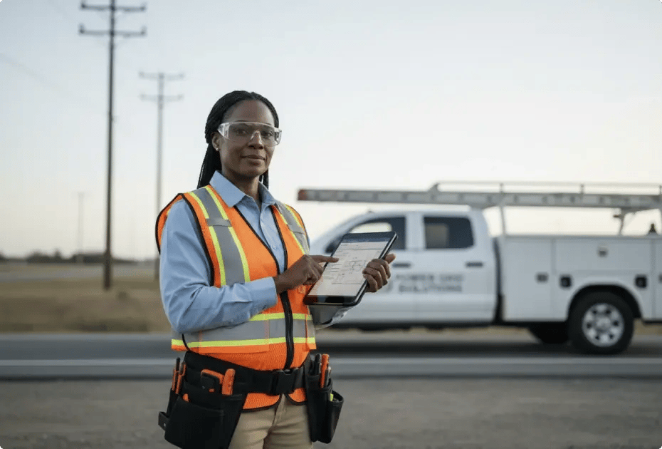 Electrician in safety vest using tablet near utility truck.