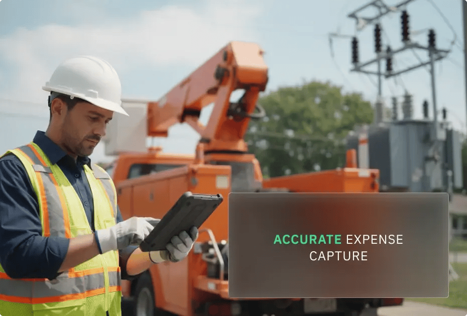 Electrician using tablet near utility truck with "ACCURATE EXPENSE CAPTURE" overlay.