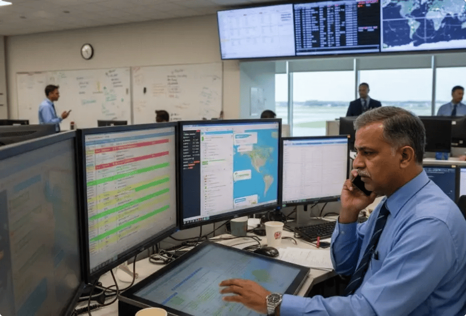 Air traffic control room with multiple monitors showing flight data and maps; personnel monitoring operations.
