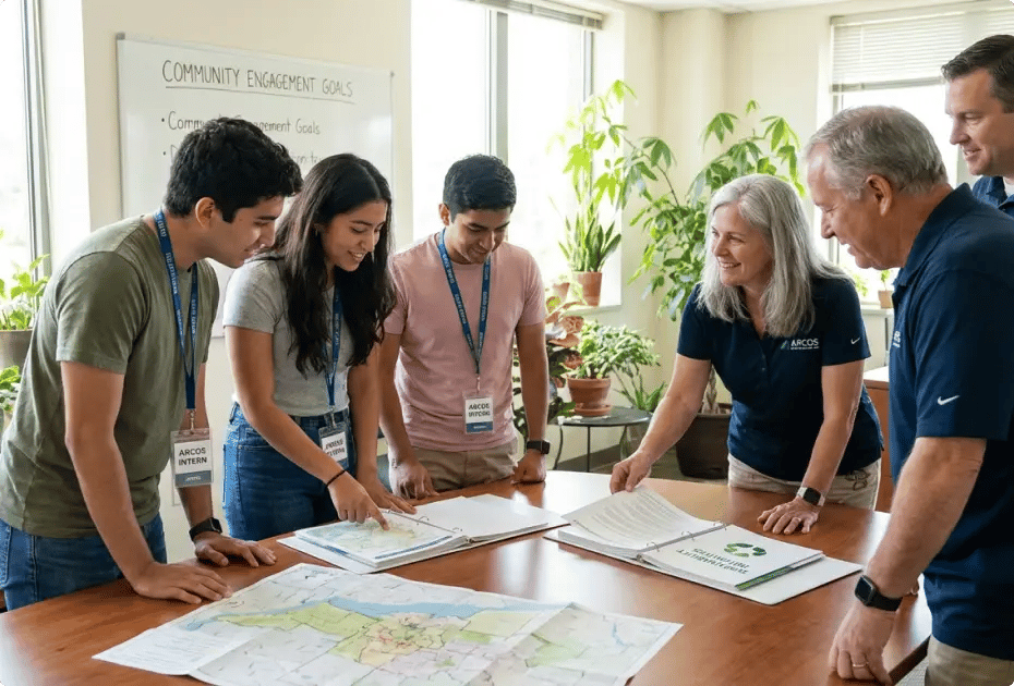Five people—two older adults and three younger adults wearing lanyards and name badges