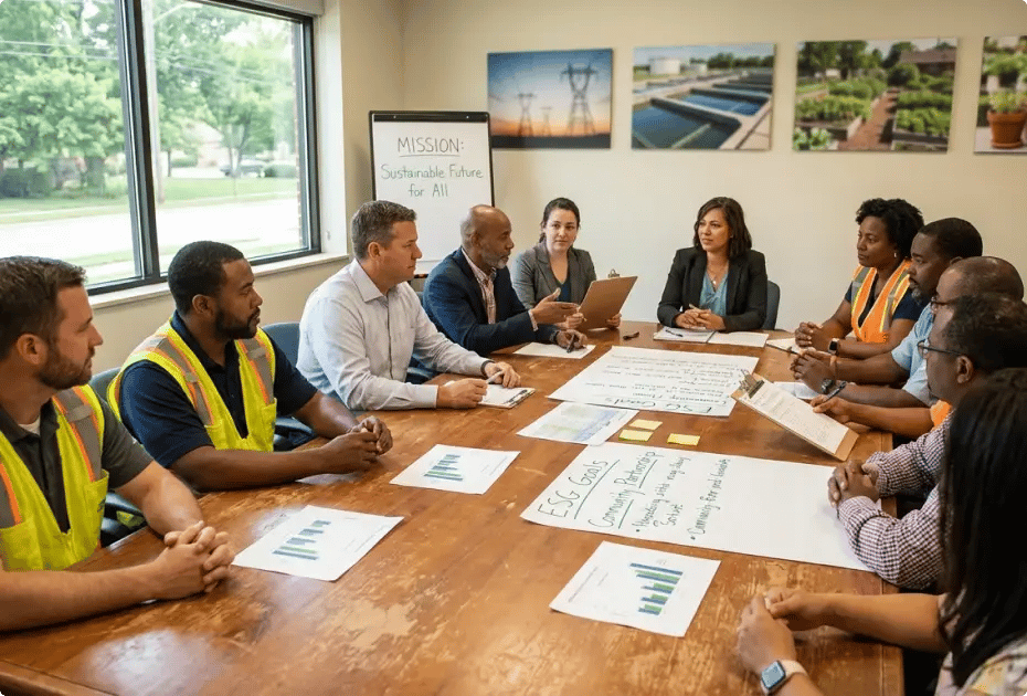 Ten diverse team members—some in safety vests, some in business attire—meet around a conference table covered with ESG charts and notes. Flip chart reads "MISSION: Sustainable Future For All." Bright room with large windows.