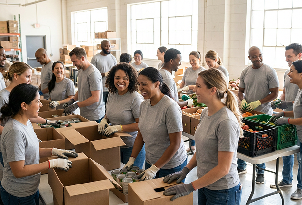 A diverse group of smiling volunteers wearing matching gray t-shirts and gloves pack canned goods and fresh produce into cardboard boxes at long tables in a bright warehouse food bank.