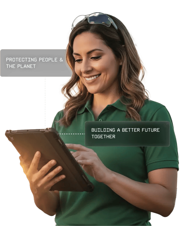 A smiling woman in a green polo shirt uses a tablet outdoors, with interface-style callout boxes reading “Protecting people &amp; the planet” and “Building a better future together.
