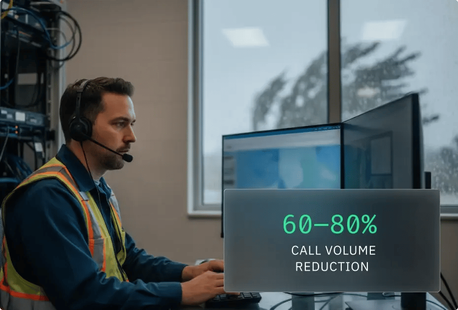 Man monitoring systems with headset; call volume reduction graphic.