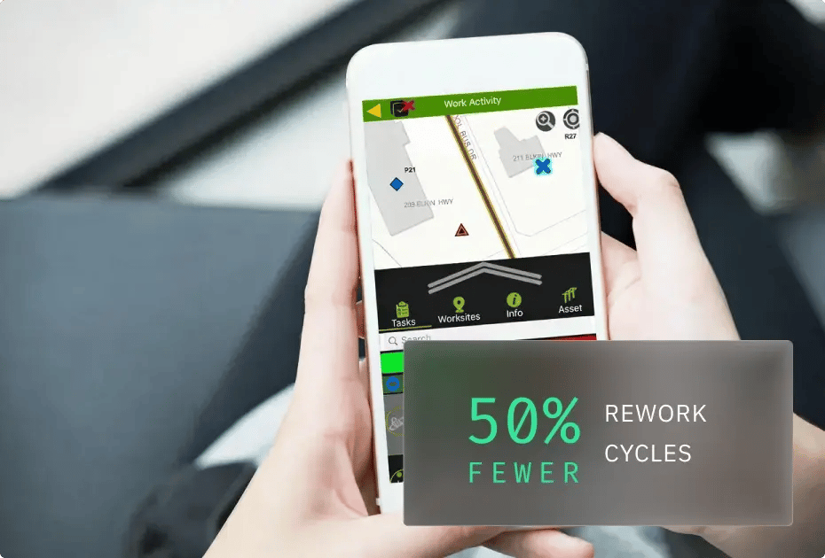Hands holding smartphone with map app showing work activity, tasks, worksites, info, asset icons; overlay text "50% Fewer Rework Cycles."