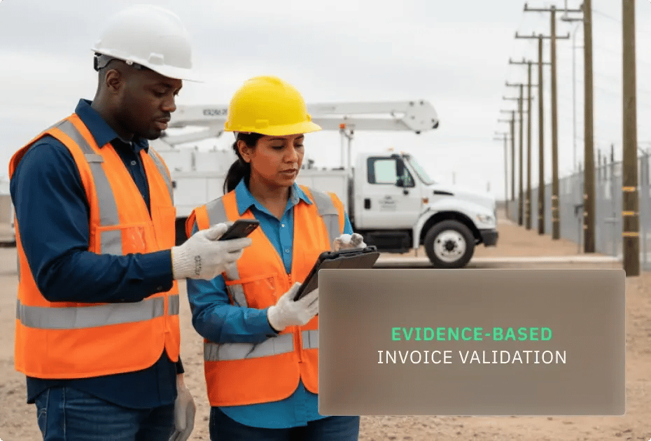 Two workers in safety vests examine documents at an outdoor construction site with utility trucks.
