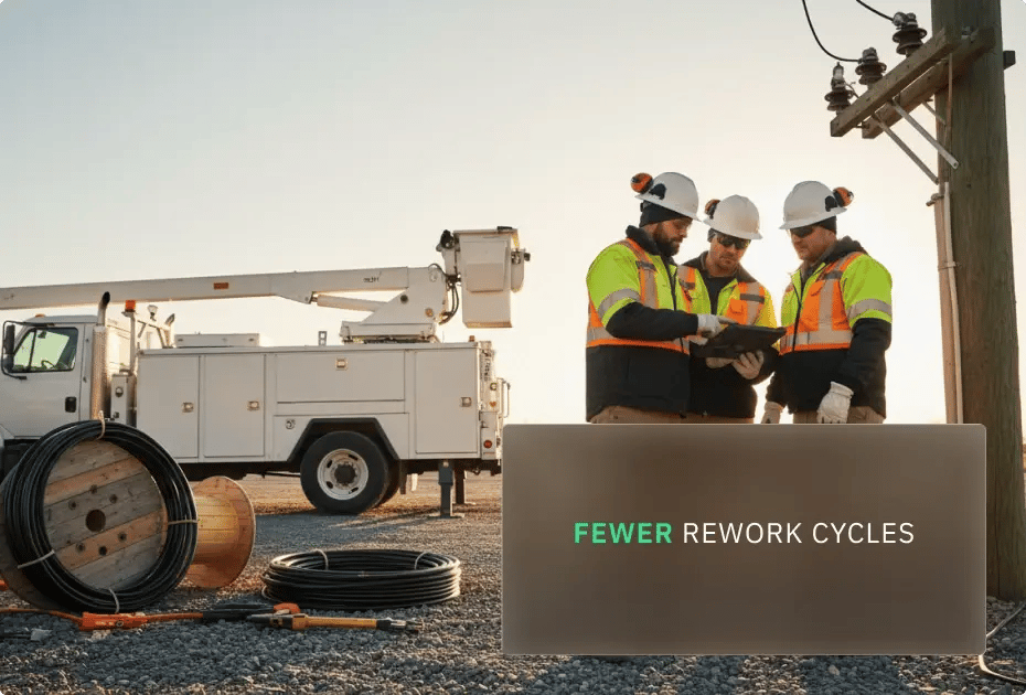Utility lineworkers in hard hats and reflective safety gear standing near a power pole, reviewing guided construction steps on a mobile device with the screen turned away from the camera