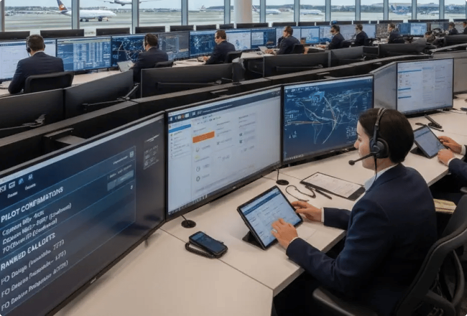 Air traffic controllers at work, monitoring multiple screens with flight data and maps.